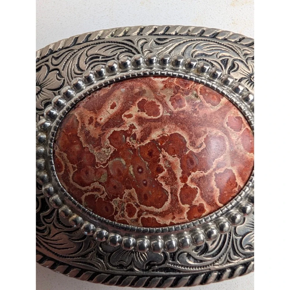 Vintage Western Floral Engraved Belt Buckle with Red Jasper Stone Centerpiece